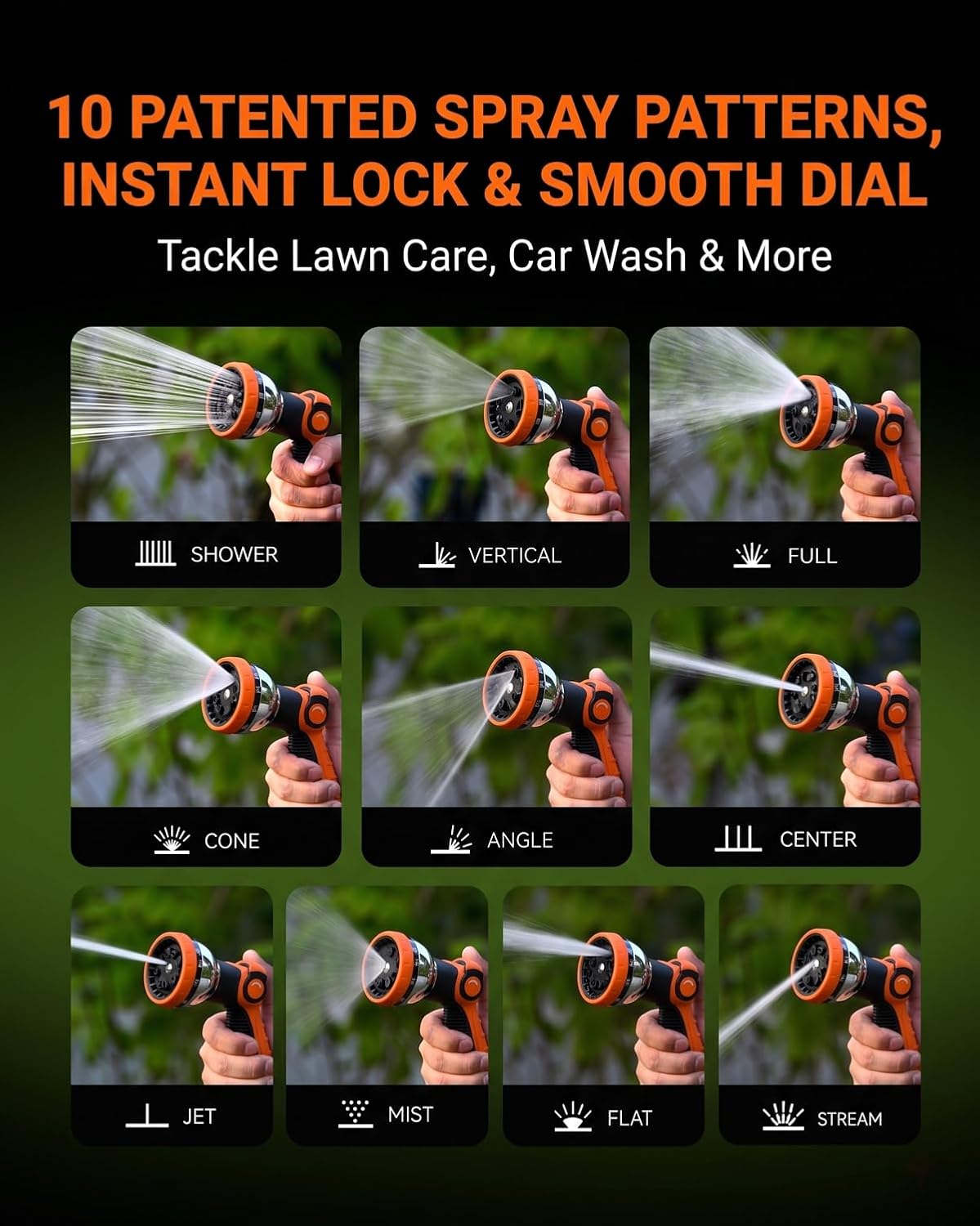 Garden Hose Nozzle Heavy Duty, Metal Water Hose Sprayer with 10 Adjustable Spray Patterns, Thumb Control On Off Valve, High Pressure Hose Nozzle for Watering, Cleaning, Car Washing & Pet Shower