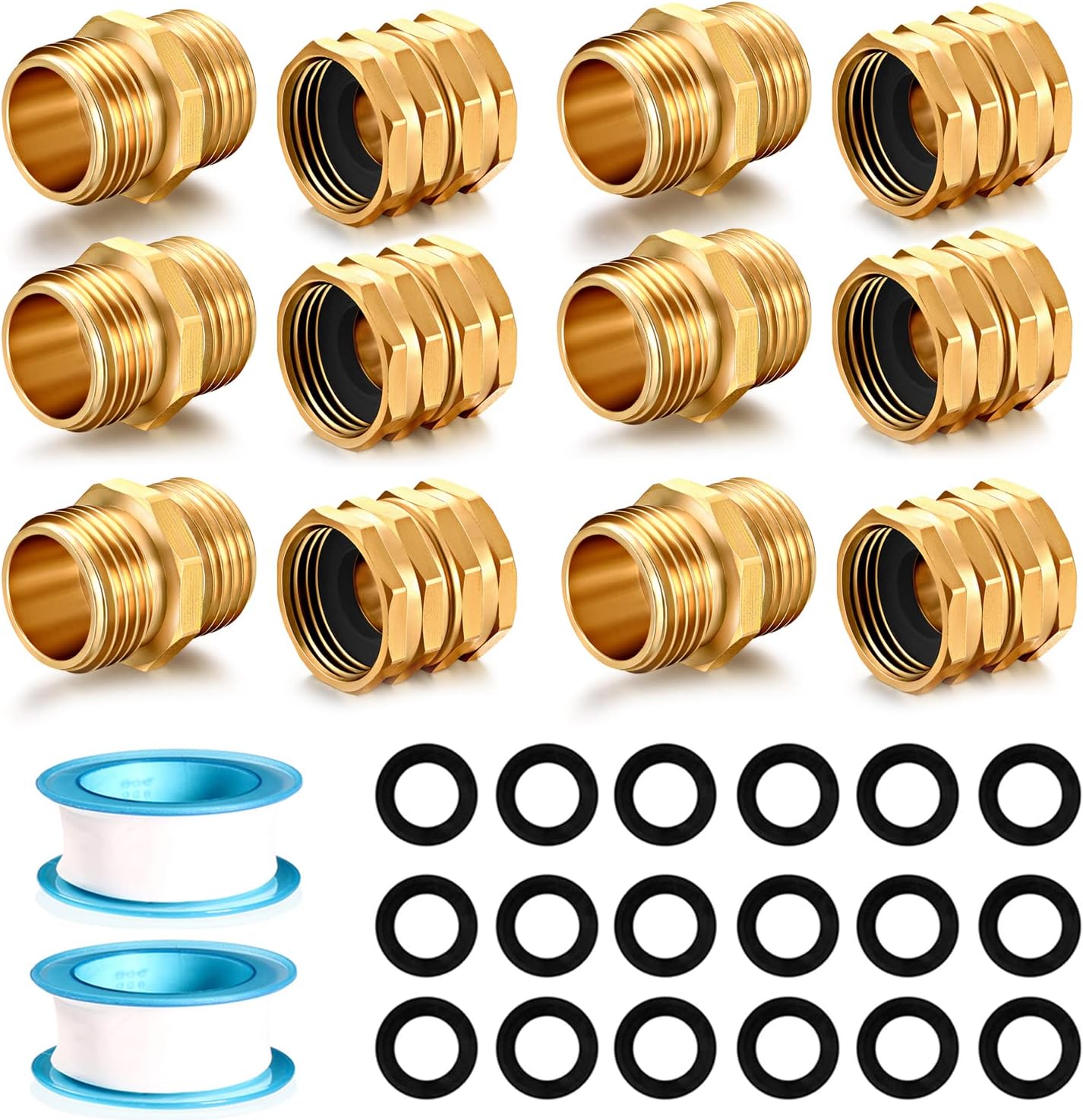 Solid brass Garden Hose Fittings Connectors Adapter Heavy Duty Brass Repair Male, Female faucet leader coupler dual water hose connector (3/4" GHT Double Male Double Female 4 Pcs)