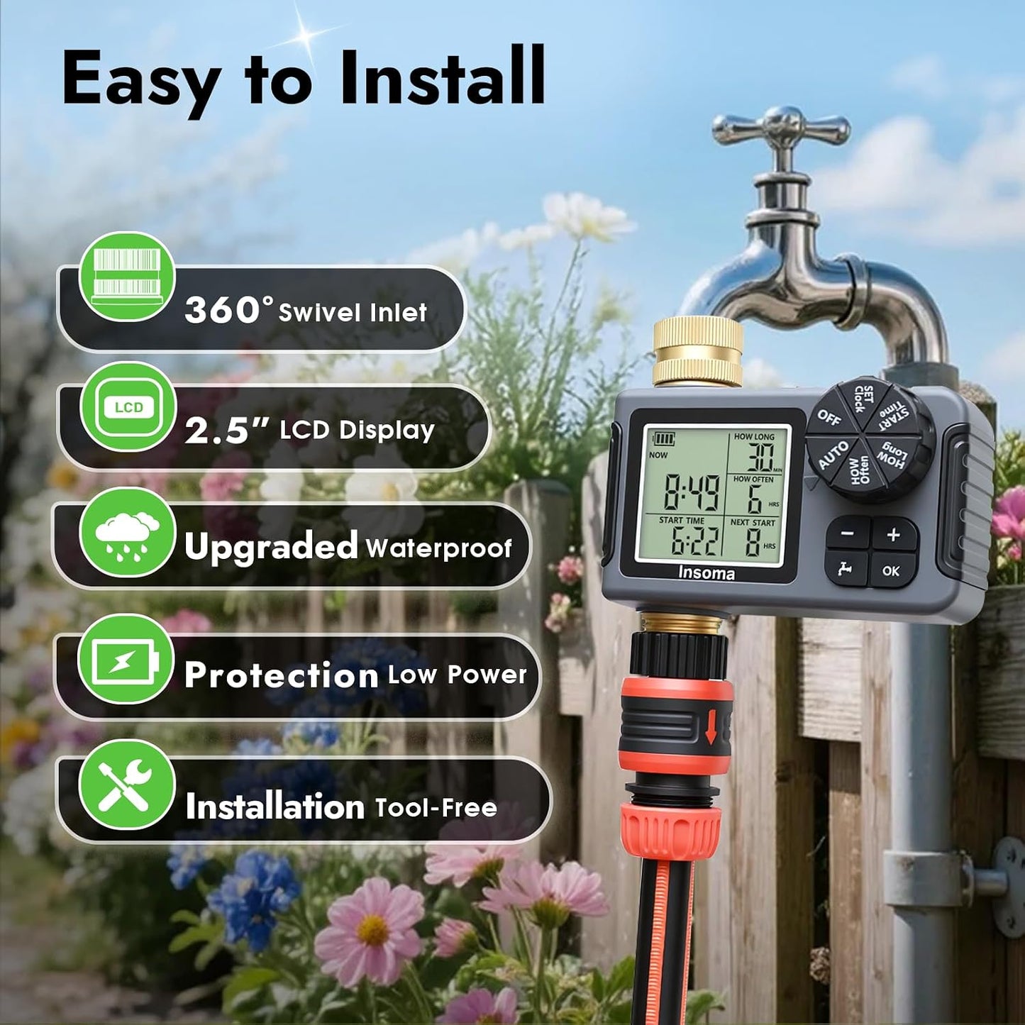 Sprinkler Timer with Brass Inlet, Water Timer for Garden Hose with Auto/Manual/Rain Delay Mode, Easy Setup Hose Timers for Lawn, Garden, Vacation Watering,1 Outlet