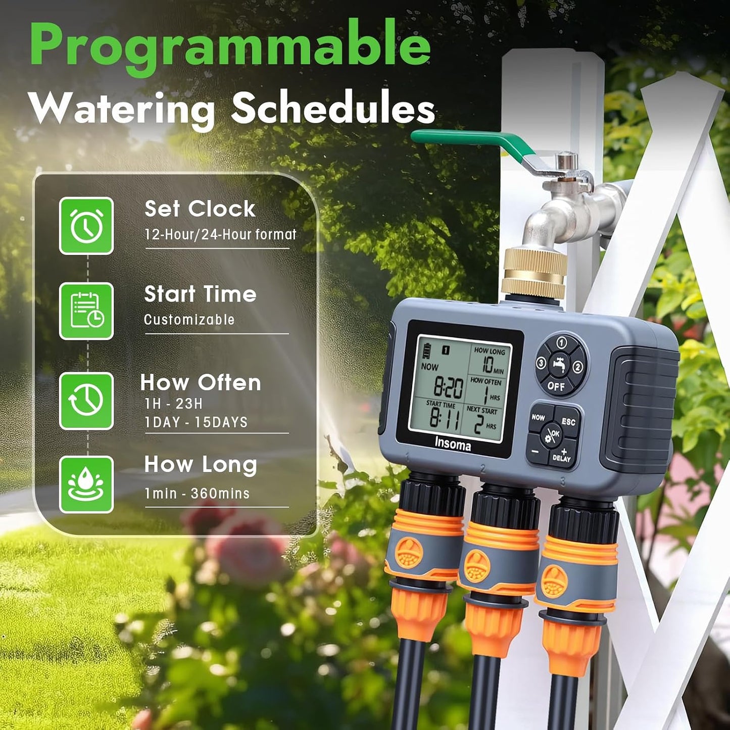 Sprinkler Timer with Brass Inlet, Water Timer for Garden Hose with Auto/Manual/Rain Delay Mode, Easy Setup Hose Timers for Lawn, Garden, Vacation Watering,1 Outlet