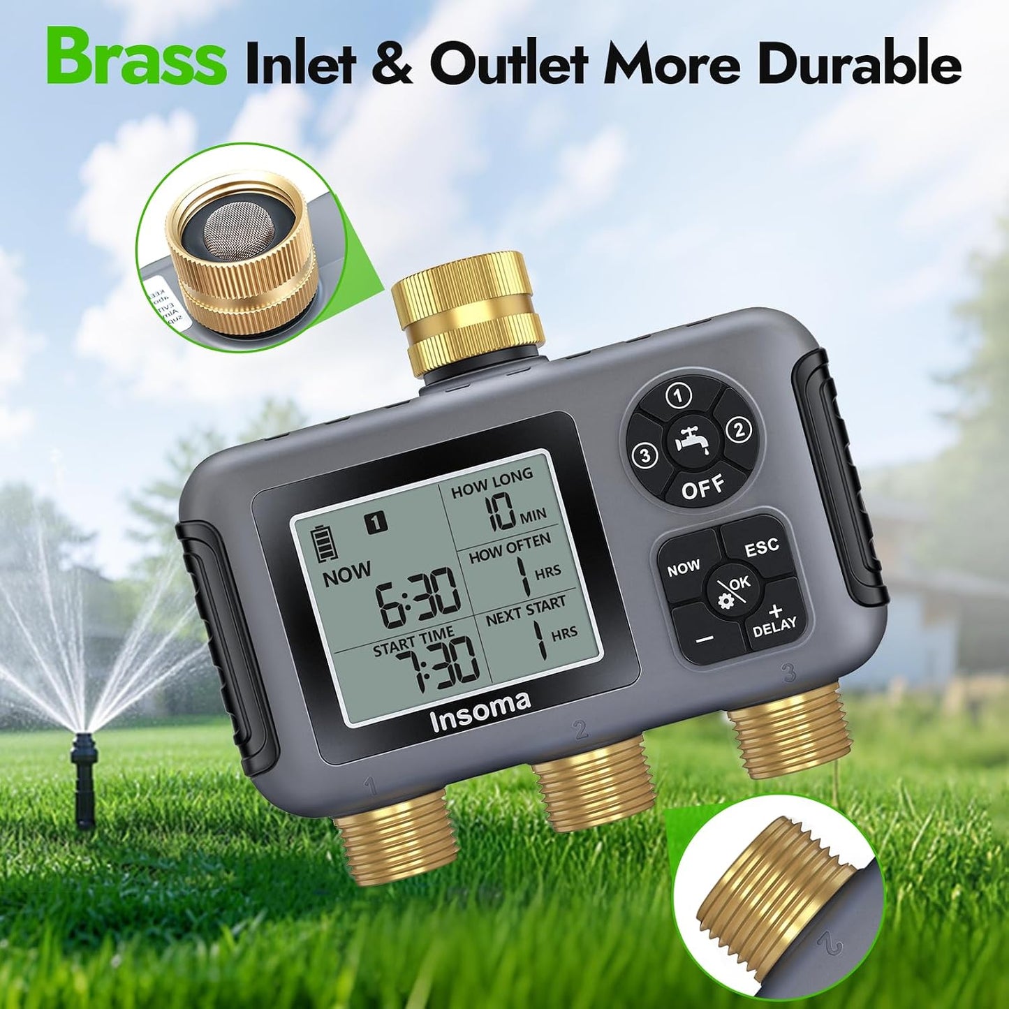 Sprinkler Timer with Brass Inlet, Water Timer for Garden Hose with Auto/Manual/Rain Delay Mode, Easy Setup Hose Timers for Lawn, Garden, Vacation Watering,1 Outlet