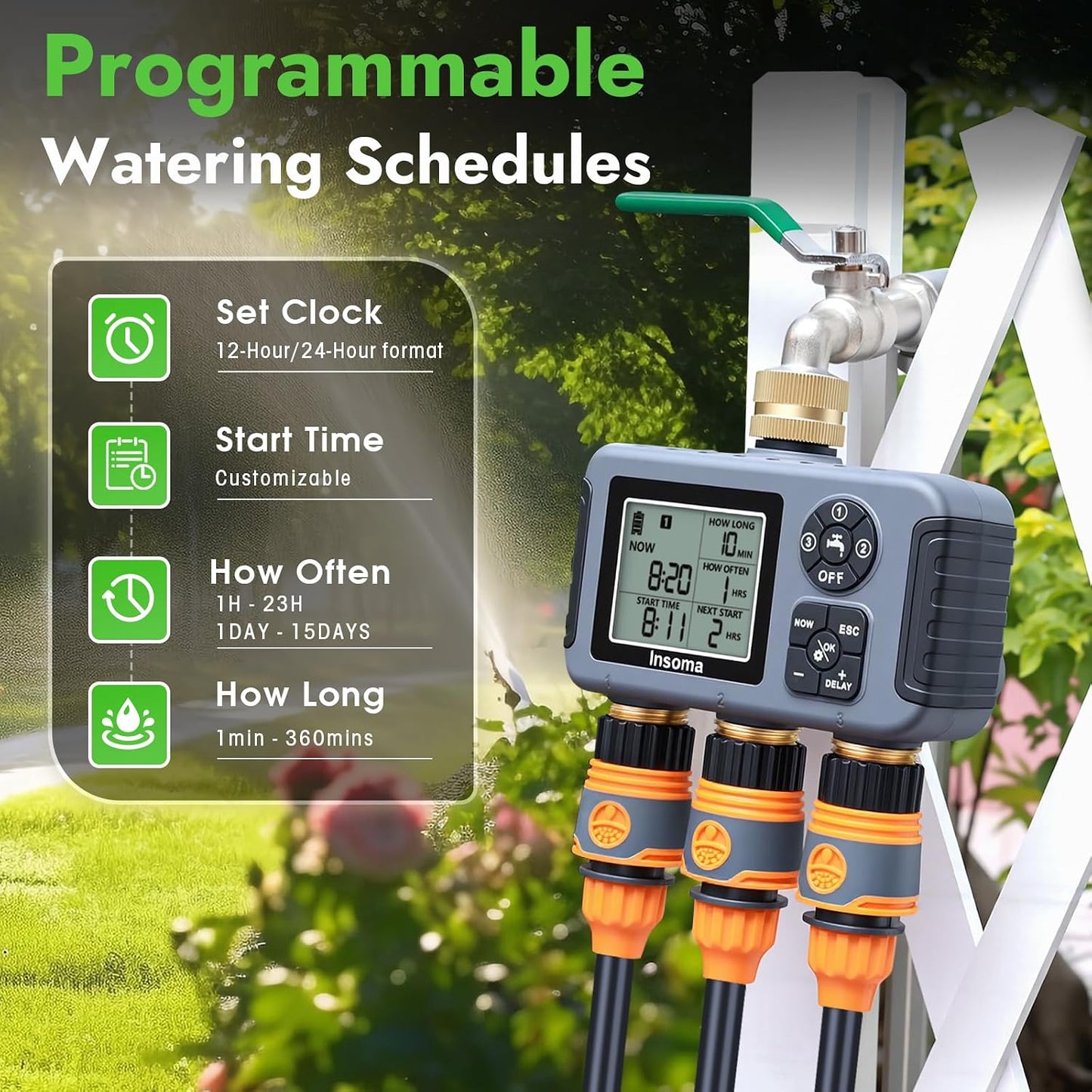 Sprinkler Timer with Brass Inlet, Water Timer for Garden Hose with Auto/Manual/Rain Delay Mode, Easy Setup Hose Timers for Lawn, Garden, Vacation Watering,1 Outlet