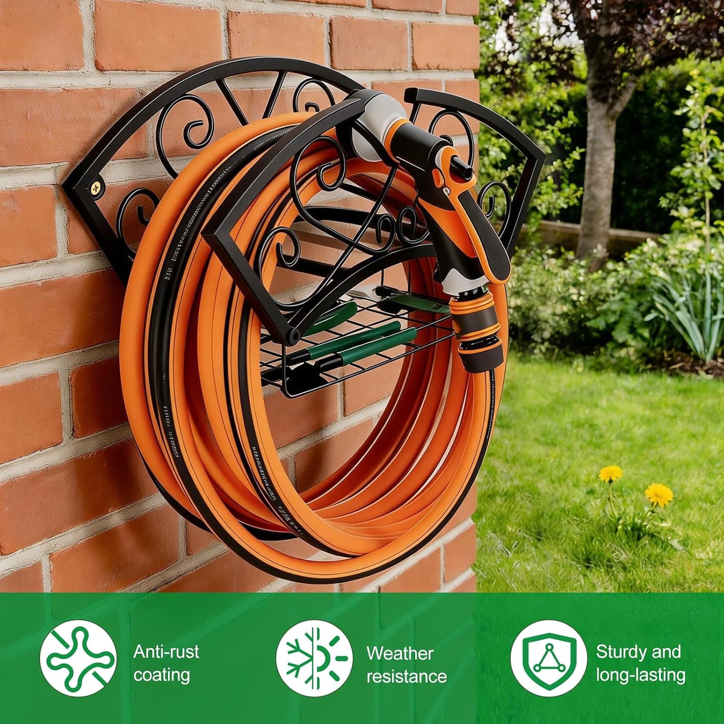 Garden Hose Holder Heavy Duty Metal Water Hose Holder, Hose Hanger Wall Mounted Metal Detachable Hose Storage Organizer for Outside Yard Lawn