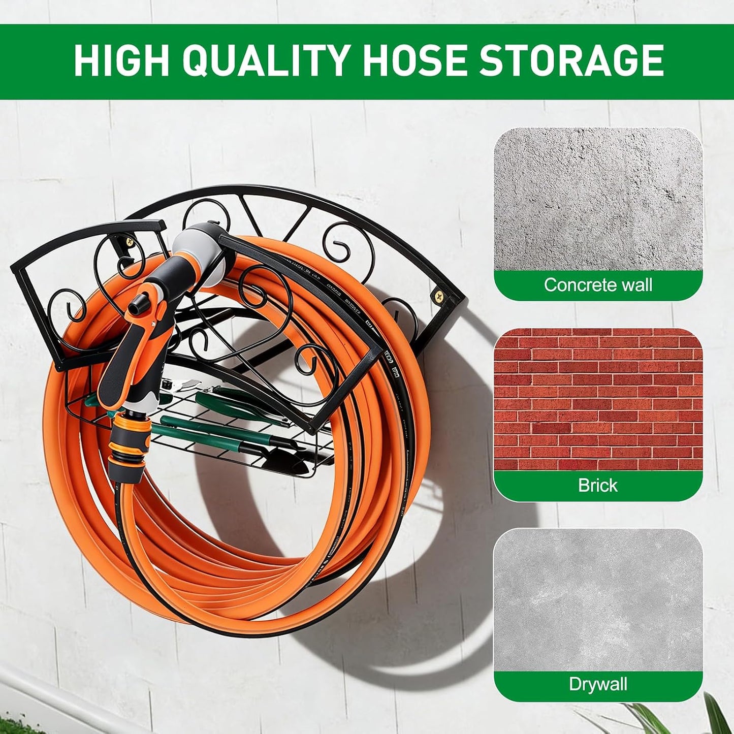 Garden Hose Holder Heavy Duty Metal Water Hose Holder, Hose Hanger Wall Mounted Metal Detachable Hose Storage Organizer for Outside Yard Lawn