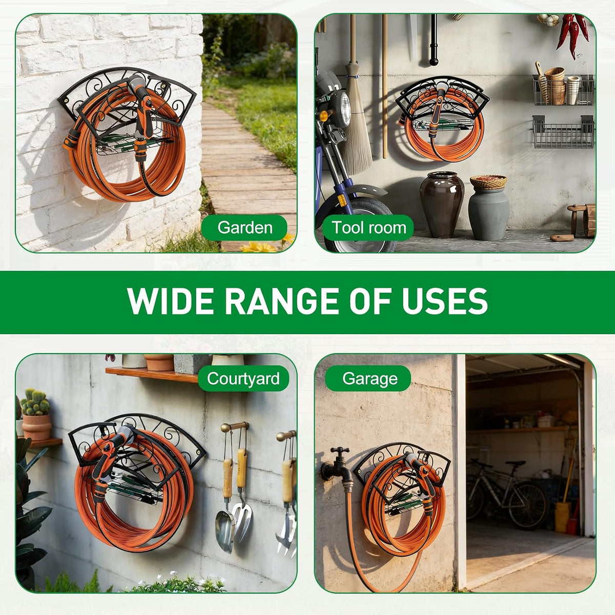 Garden Hose Holder Heavy Duty Metal Water Hose Holder, Hose Hanger Wall Mounted Metal Detachable Hose Storage Organizer for Outside Yard Lawn