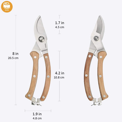 Wood Handle Pruning Shears, SK-5 Steel Blade, 1-inch Cutting Capacity, Sharp, Well Designed Garden Shears, 8"