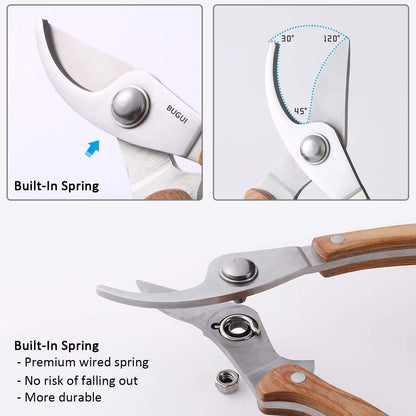 Wood Handle Pruning Shears, SK-5 Steel Blade, 1-inch Cutting Capacity, Sharp, Well Designed Garden Shears, 8"
