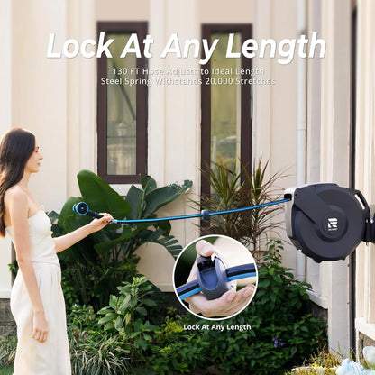 Retractable Garden Hose Reel, 1/2 in x 130 ft Wall Mount Heavy Duty Hose Reel with Any-Length Lock, Auto Rewind System, 180° Swivel Bracket, and 10-Pattern Nozzle for Garden, Dark Grey