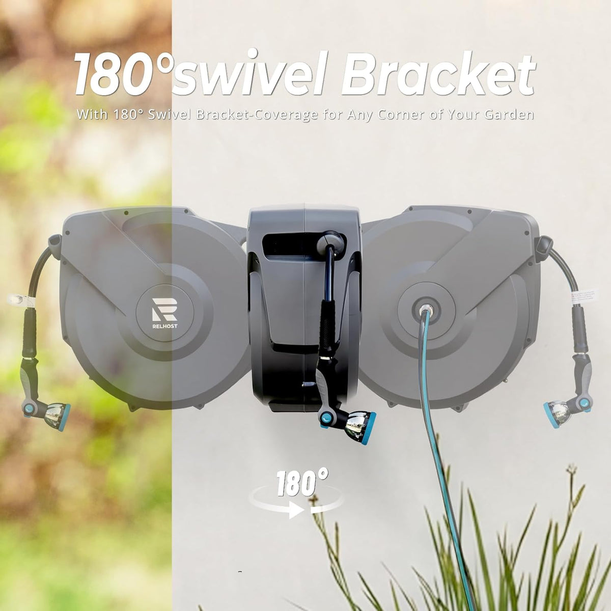 Retractable Garden Hose Reel, 1/2 in x 130 ft Wall Mount Heavy Duty Hose Reel with Any-Length Lock, Auto Rewind System, 180° Swivel Bracket, and 10-Pattern Nozzle for Garden, Dark Grey