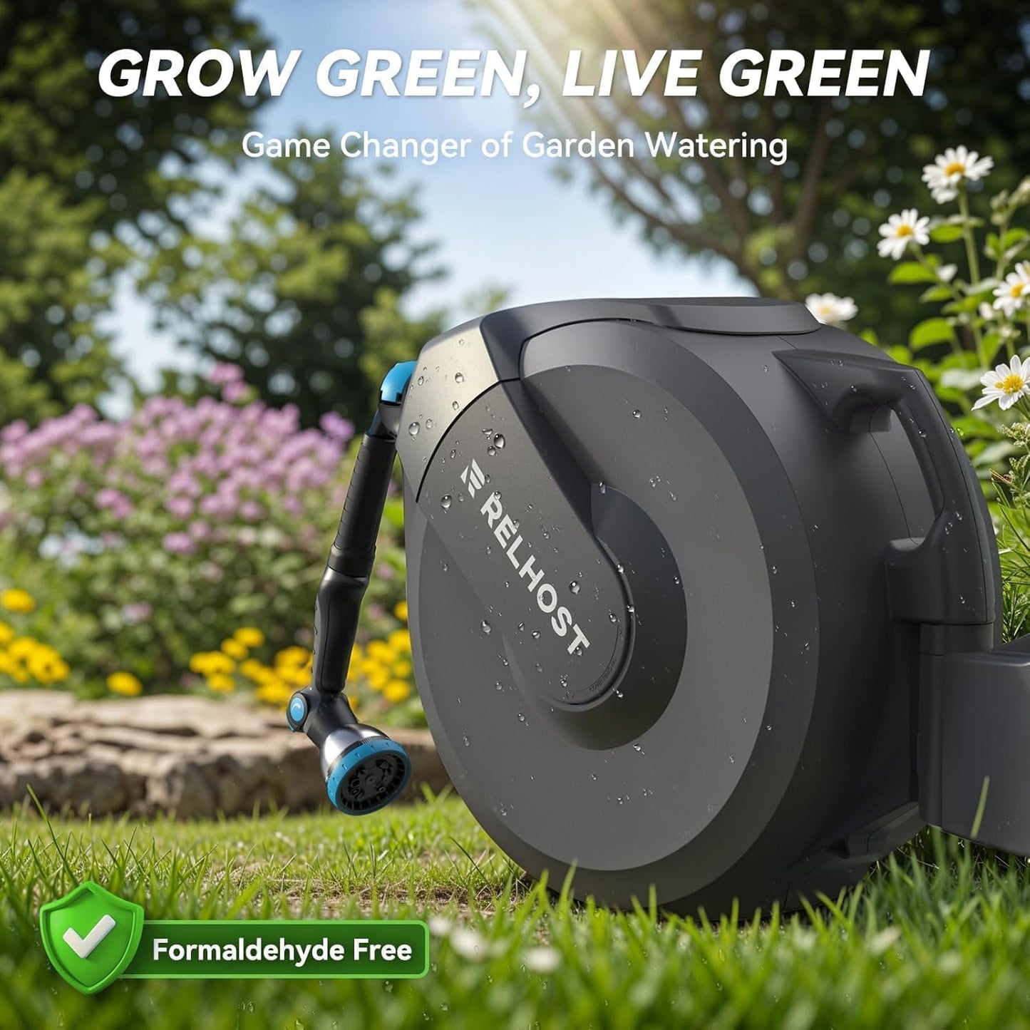Retractable Garden Hose Reel, 1/2 in x 130 ft Wall Mount Heavy Duty Hose Reel with Any-Length Lock, Auto Rewind System, 180° Swivel Bracket, and 10-Pattern Nozzle for Garden, Dark Grey