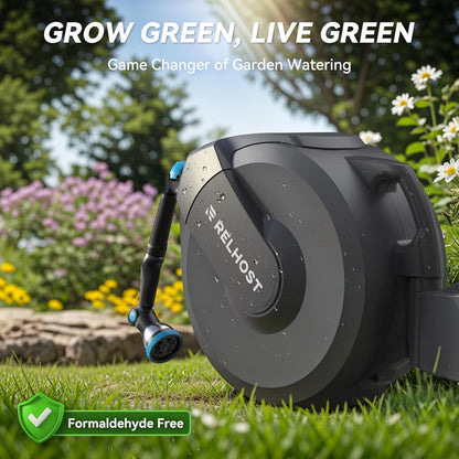 Retractable Garden Hose Reel, 1/2 in x 130 ft Wall Mount Heavy Duty Hose Reel with Any-Length Lock, Auto Rewind System, 180° Swivel Bracket, and 10-Pattern Nozzle for Garden, Dark Grey