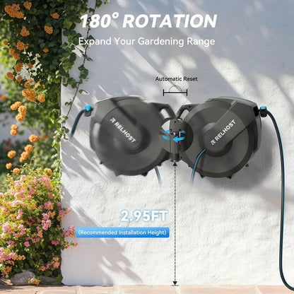 Retractable Garden Hose Reel, 1/2 in x 130 ft Wall Mount Heavy Duty Hose Reel with Any-Length Lock, Auto Rewind System, 180° Swivel Bracket, and 10-Pattern Nozzle for Garden, Dark Grey