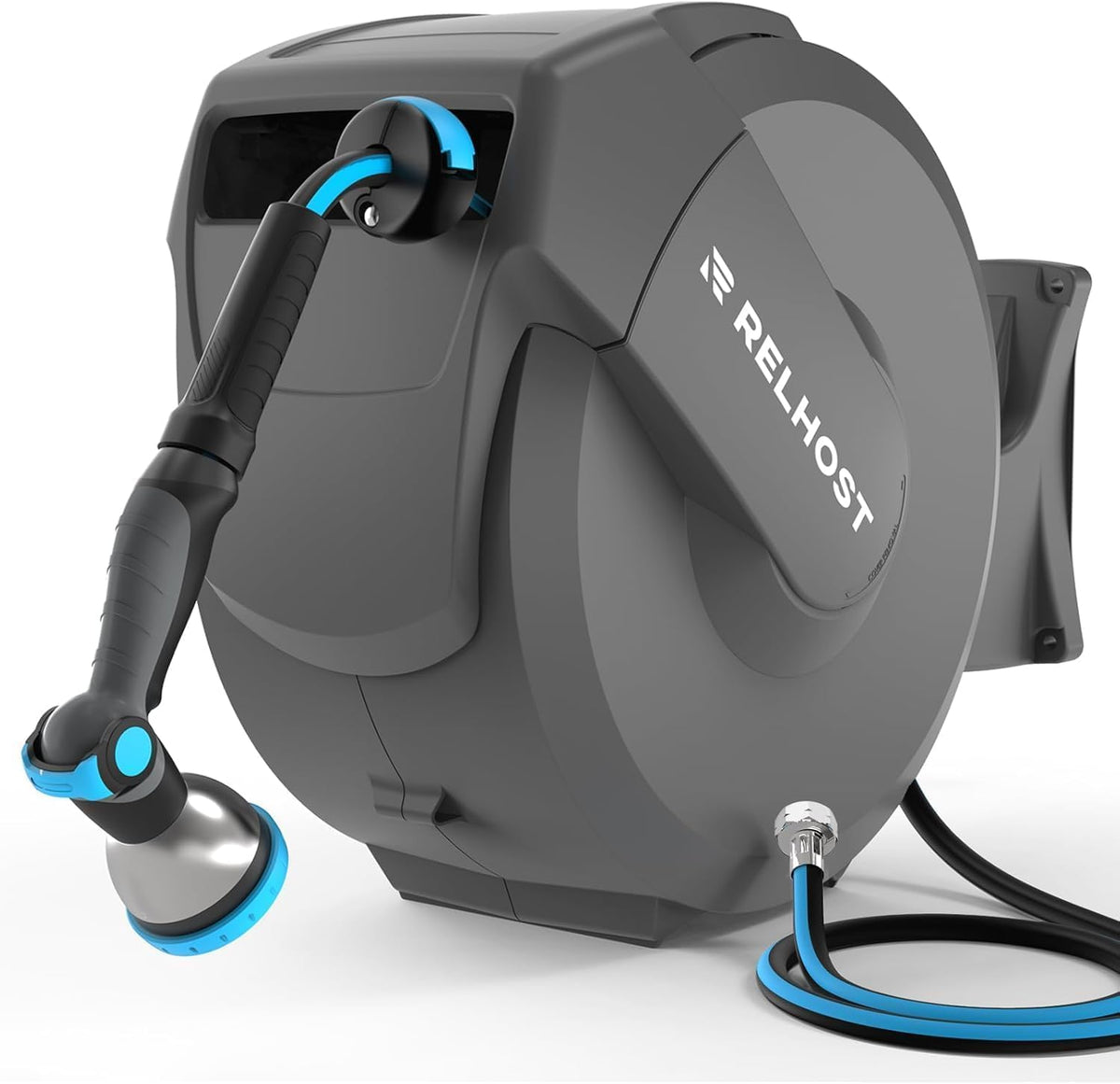 Retractable Garden Hose Reel, 1/2 in x 130 ft Wall Mount Heavy Duty Hose Reel with Any-Length Lock, Auto Rewind System, 180° Swivel Bracket, and 10-Pattern Nozzle for Garden, Dark Grey