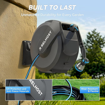 Retractable Garden Hose Reel, 1/2 in x 130 ft Wall Mount Heavy Duty Hose Reel with Any-Length Lock, Auto Rewind System, 180° Swivel Bracket, and 10-Pattern Nozzle for Garden, Dark Grey