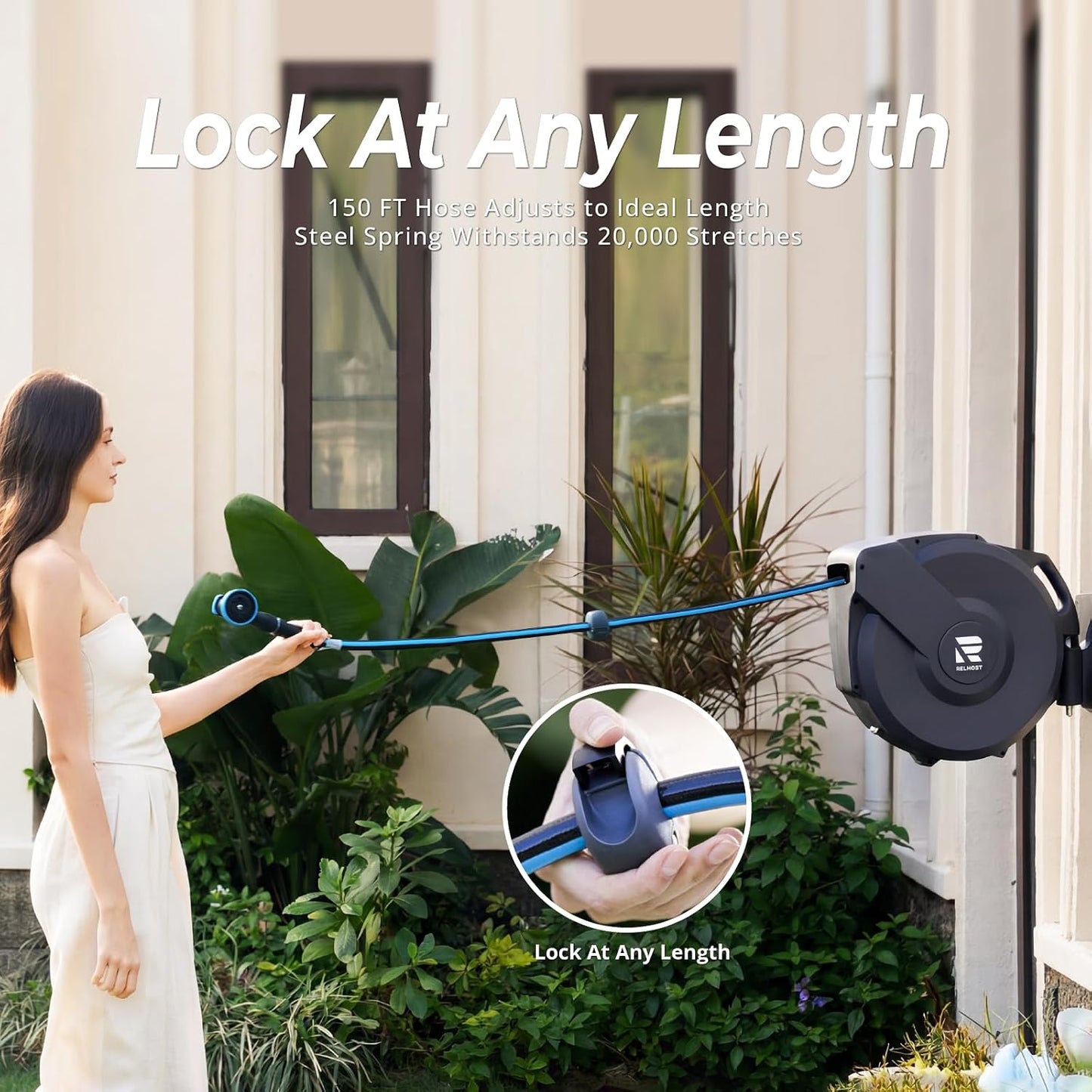 Retractable Garden Hose Reel, 1/2 in x 130 ft Wall Mount Heavy Duty Hose Reel with Any-Length Lock, Auto Rewind System, 180° Swivel Bracket, and 10-Pattern Nozzle for Garden, Dark Grey