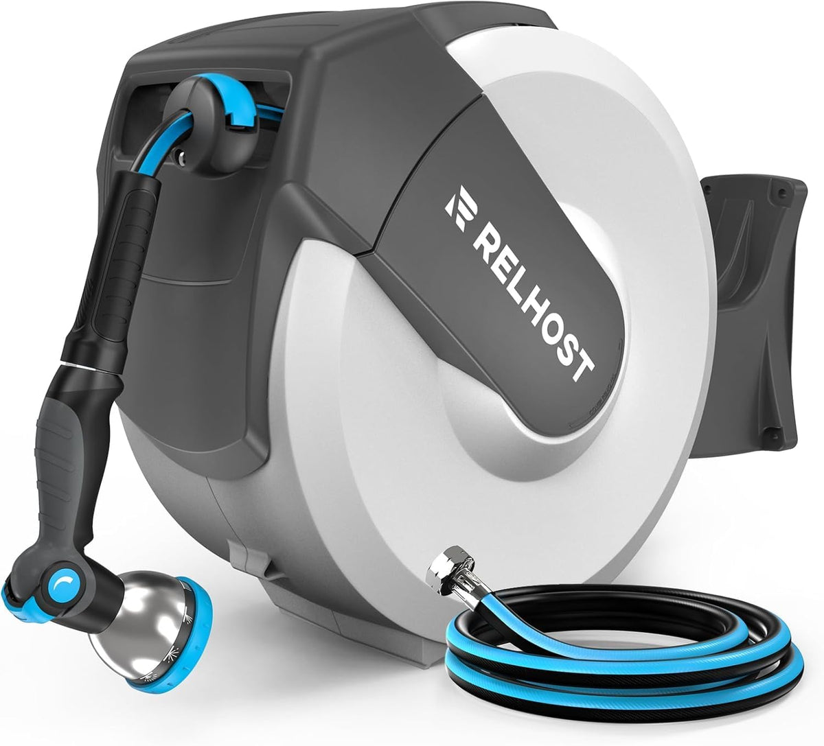Retractable Garden Hose Reel, 1/2 in x 130 ft Wall Mount Heavy Duty Hose Reel with Any-Length Lock, Auto Rewind System, 180° Swivel Bracket, and 10-Pattern Nozzle for Garden, Dark Grey