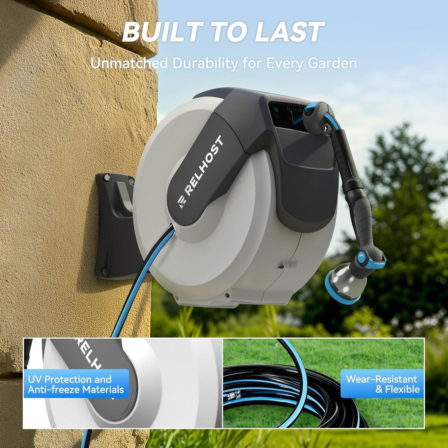 Retractable Garden Hose Reel, 1/2 in x 130 ft Wall Mount Heavy Duty Hose Reel with Any-Length Lock, Auto Rewind System, 180° Swivel Bracket, and 10-Pattern Nozzle for Garden, Dark Grey