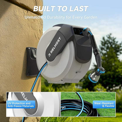 Retractable Garden Hose Reel, 1/2 in x 130 ft Wall Mount Heavy Duty Hose Reel with Any-Length Lock, Auto Rewind System, 180° Swivel Bracket, and 10-Pattern Nozzle for Garden, Dark Grey