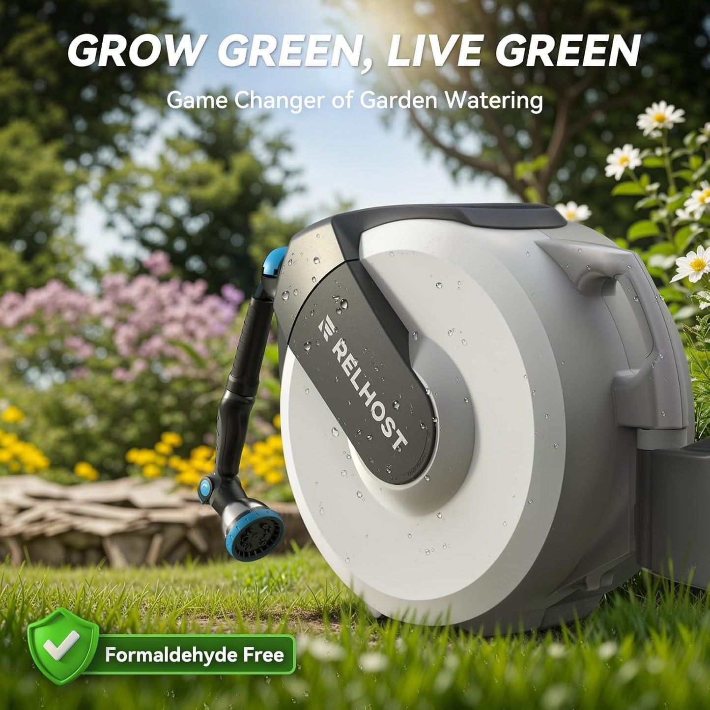 Retractable Garden Hose Reel, 1/2 in x 130 ft Wall Mount Heavy Duty Hose Reel with Any-Length Lock, Auto Rewind System, 180° Swivel Bracket, and 10-Pattern Nozzle for Garden, Dark Grey