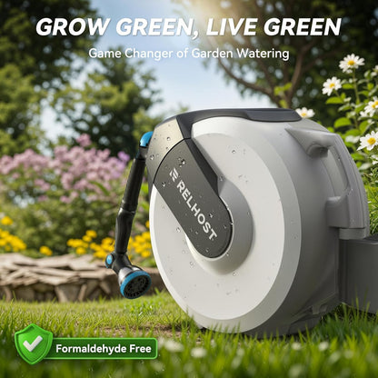 Retractable Garden Hose Reel, 1/2 in x 130 ft Wall Mount Heavy Duty Hose Reel with Any-Length Lock, Auto Rewind System, 180° Swivel Bracket, and 10-Pattern Nozzle for Garden, Dark Grey