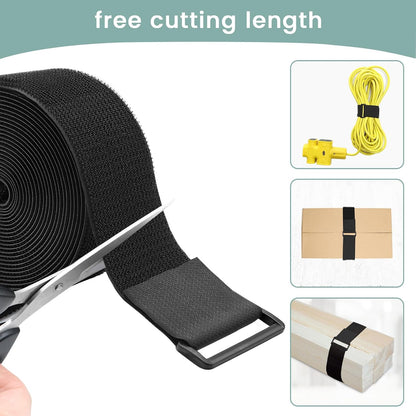1.5In x 16Ft Cinch Straps Heavy Duty With 20 Buckles, Black Nylon Hook and Loop Straps, Reusable Long Cable Ties for Organizer or Storage