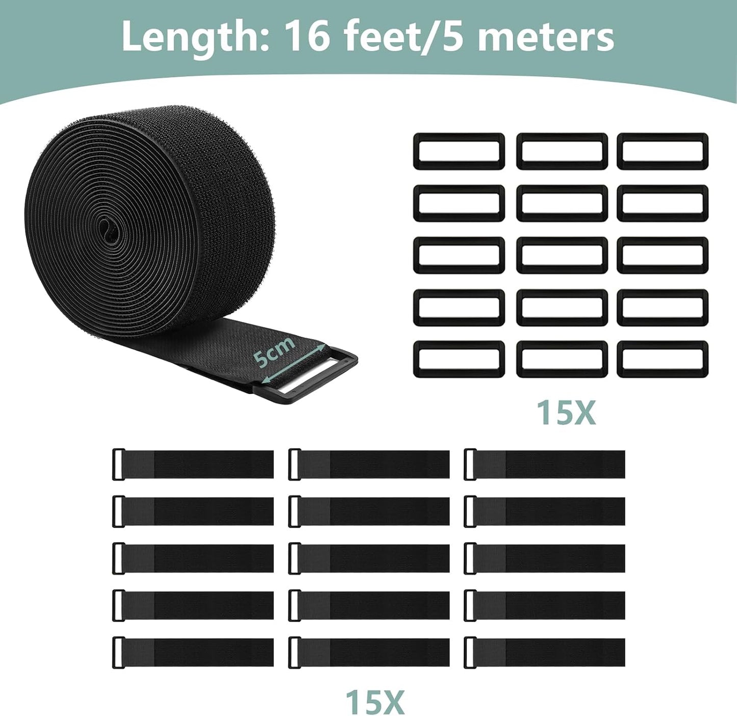 1.5In x 16Ft Cinch Straps Heavy Duty With 20 Buckles, Black Nylon Hook and Loop Straps, Reusable Long Cable Ties for Organizer or Storage