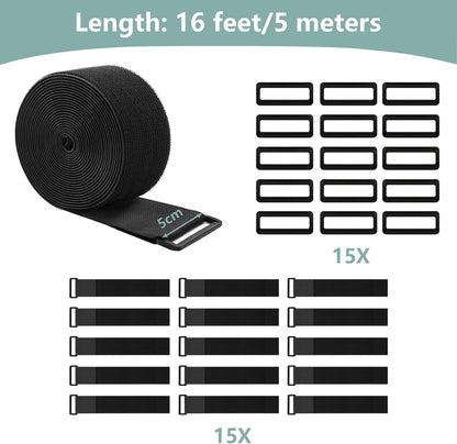 1.5In x 16Ft Cinch Straps Heavy Duty With 20 Buckles, Black Nylon Hook and Loop Straps, Reusable Long Cable Ties for Organizer or Storage