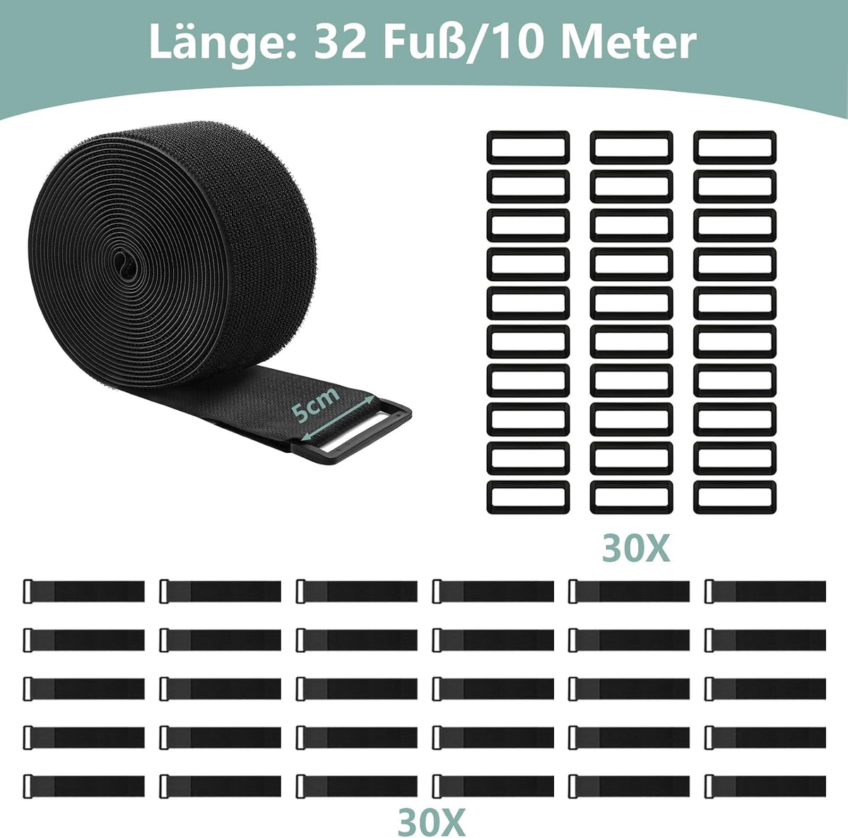 1.5In x 16Ft Cinch Straps Heavy Duty With 20 Buckles, Black Nylon Hook and Loop Straps, Reusable Long Cable Ties for Organizer or Storage