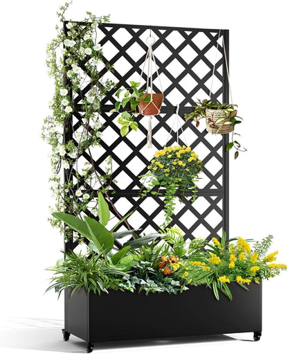 72"x35" Galvanized Raised Garden Bed with Diamond Trellis, 12" Deep Planter Box on Locking Wheels, Drainage Holes for Climbing Plants, Flowers, Patio, Balcony & Small Spaces, Black