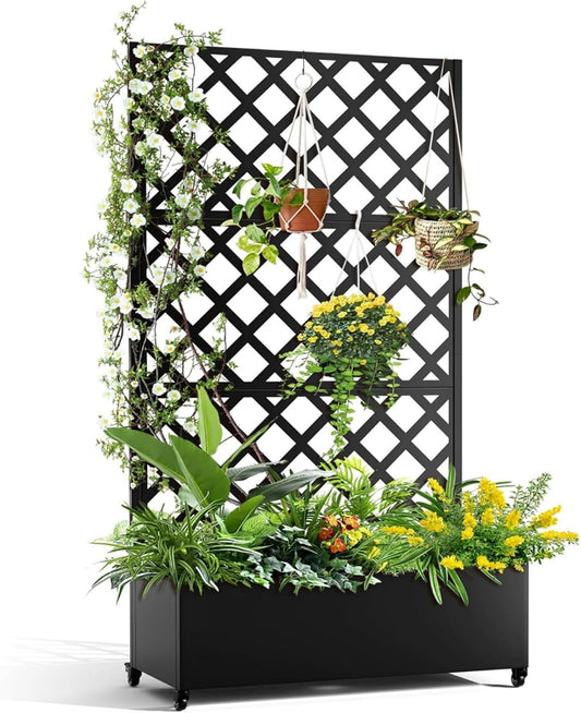 72"x35" Galvanized Raised Garden Bed with Diamond Trellis, 12" Deep Planter Box on Locking Wheels, Drainage Holes for Climbing Plants, Flowers, Patio, Balcony & Small Spaces, Black