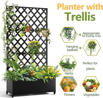 72"x35" Galvanized Raised Garden Bed with Diamond Trellis, 12" Deep Planter Box on Locking Wheels, Drainage Holes for Climbing Plants, Flowers, Patio, Balcony & Small Spaces, Black