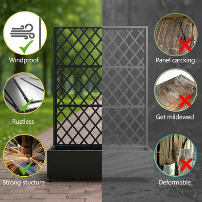 72"x35" Galvanized Raised Garden Bed with Diamond Trellis, 12" Deep Planter Box on Locking Wheels, Drainage Holes for Climbing Plants, Flowers, Patio, Balcony & Small Spaces, Black