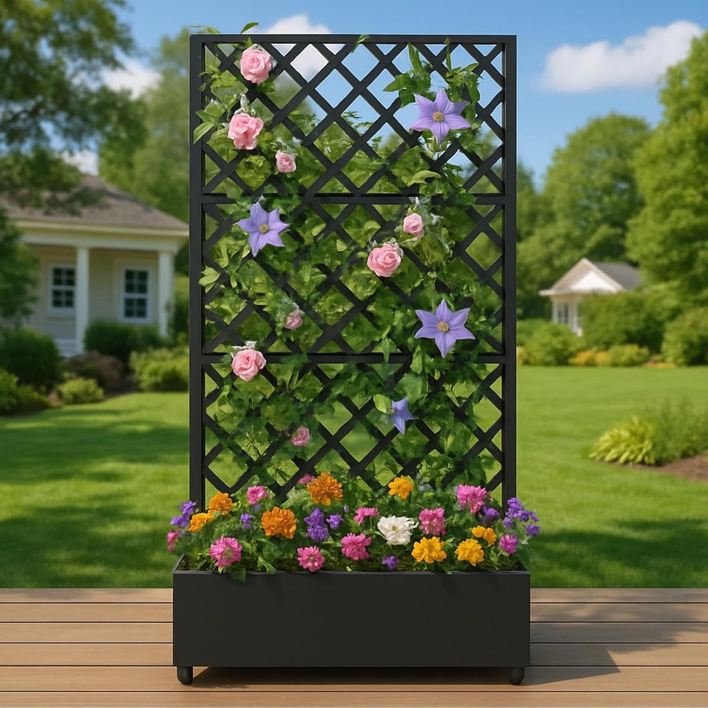 72"x35" Galvanized Raised Garden Bed with Diamond Trellis, 12" Deep Planter Box on Locking Wheels, Drainage Holes for Climbing Plants, Flowers, Patio, Balcony & Small Spaces, Black