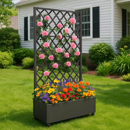 72"x35" Galvanized Raised Garden Bed with Diamond Trellis, 12" Deep Planter Box on Locking Wheels, Drainage Holes for Climbing Plants, Flowers, Patio, Balcony & Small Spaces, Black