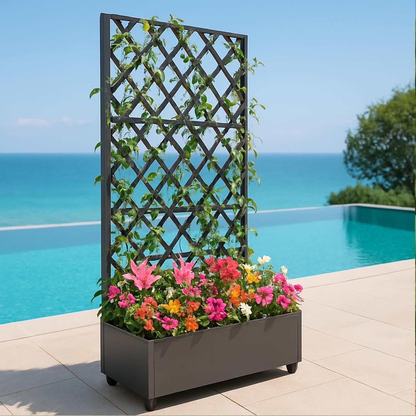 72"x35" Galvanized Raised Garden Bed with Diamond Trellis, 12" Deep Planter Box on Locking Wheels, Drainage Holes for Climbing Plants, Flowers, Patio, Balcony & Small Spaces, Black
