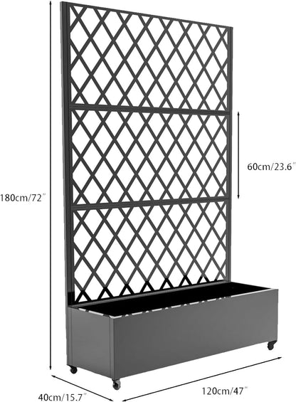 72"x35" Galvanized Raised Garden Bed with Diamond Trellis, 12" Deep Planter Box on Locking Wheels, Drainage Holes for Climbing Plants, Flowers, Patio, Balcony & Small Spaces, Black
