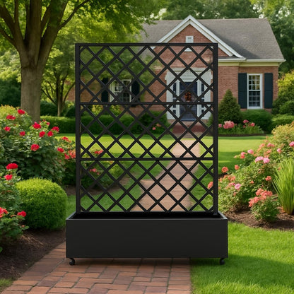 72"x35" Galvanized Raised Garden Bed with Diamond Trellis, 12" Deep Planter Box on Locking Wheels, Drainage Holes for Climbing Plants, Flowers, Patio, Balcony & Small Spaces, Black