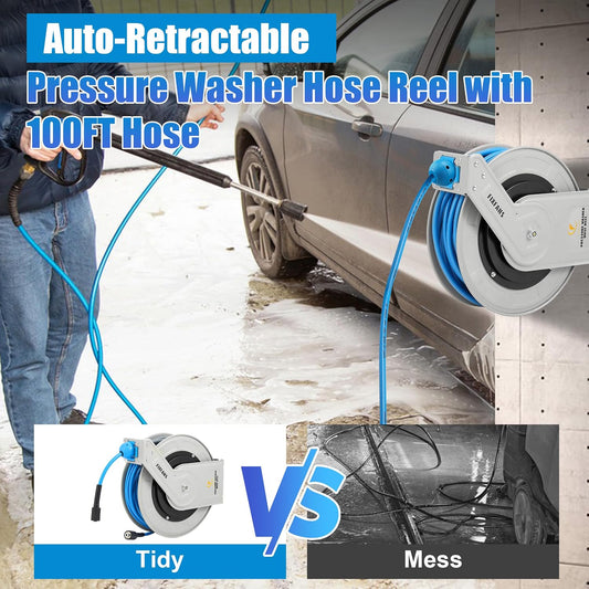 Pressure Washer Hose Reel with Hose 1/4"×100ft, Auto Rewind 3600PSI