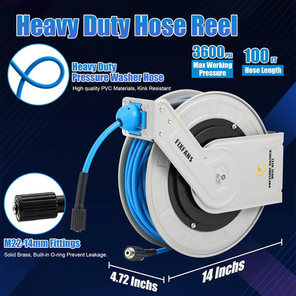 Pressure Washer Hose Reel with Hose 1/4"×100ft, Auto Rewind 3600PSI