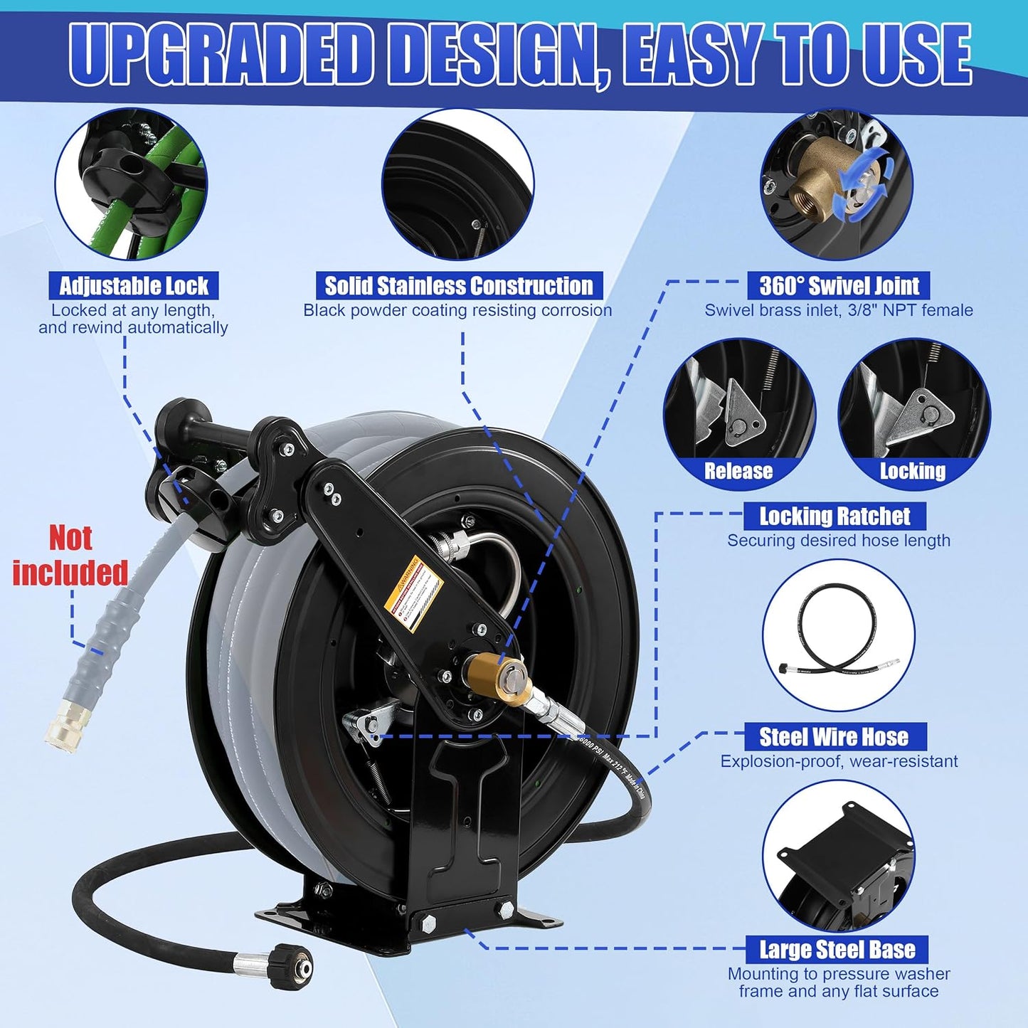 Pressure Washer Hose Reel with Hose 1/4"×100ft, Auto Rewind 3600PSI