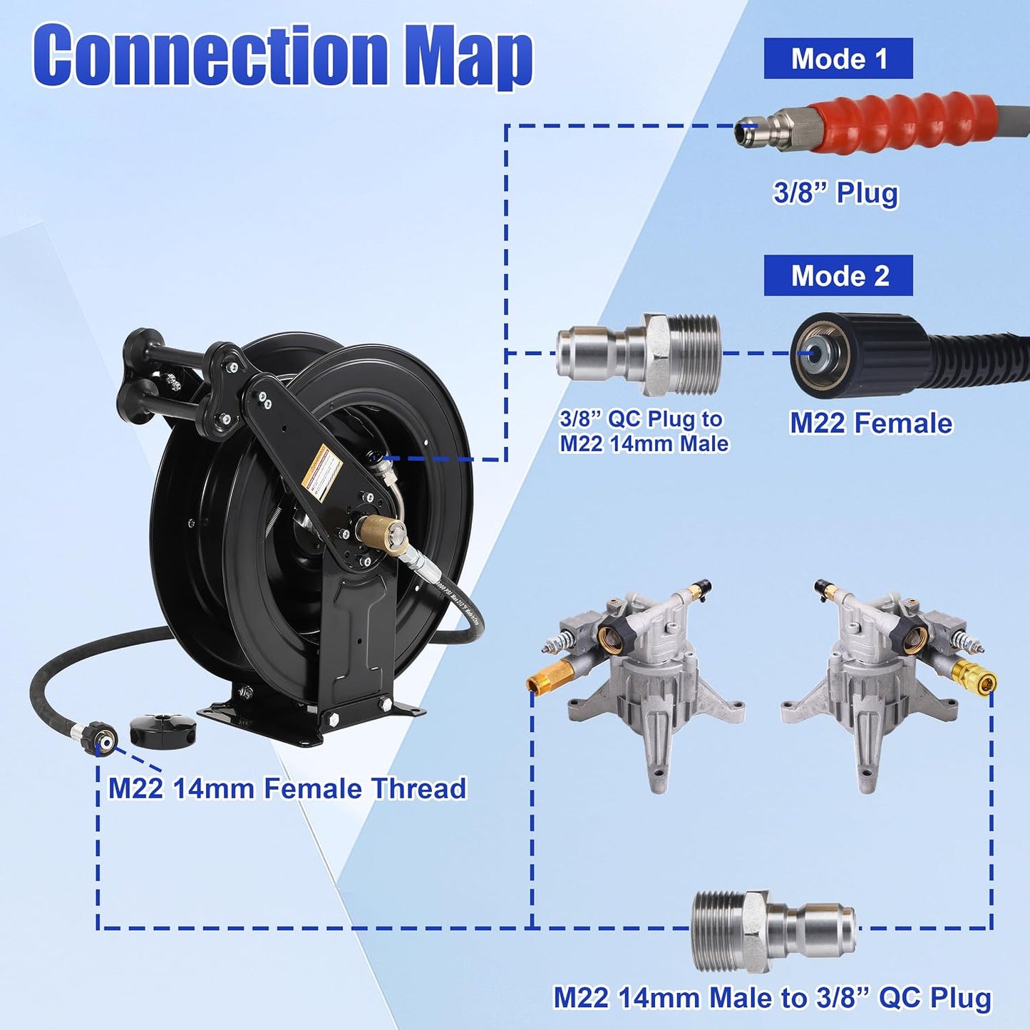 Pressure Washer Hose Reel with Hose 1/4"×100ft, Auto Rewind 3600PSI