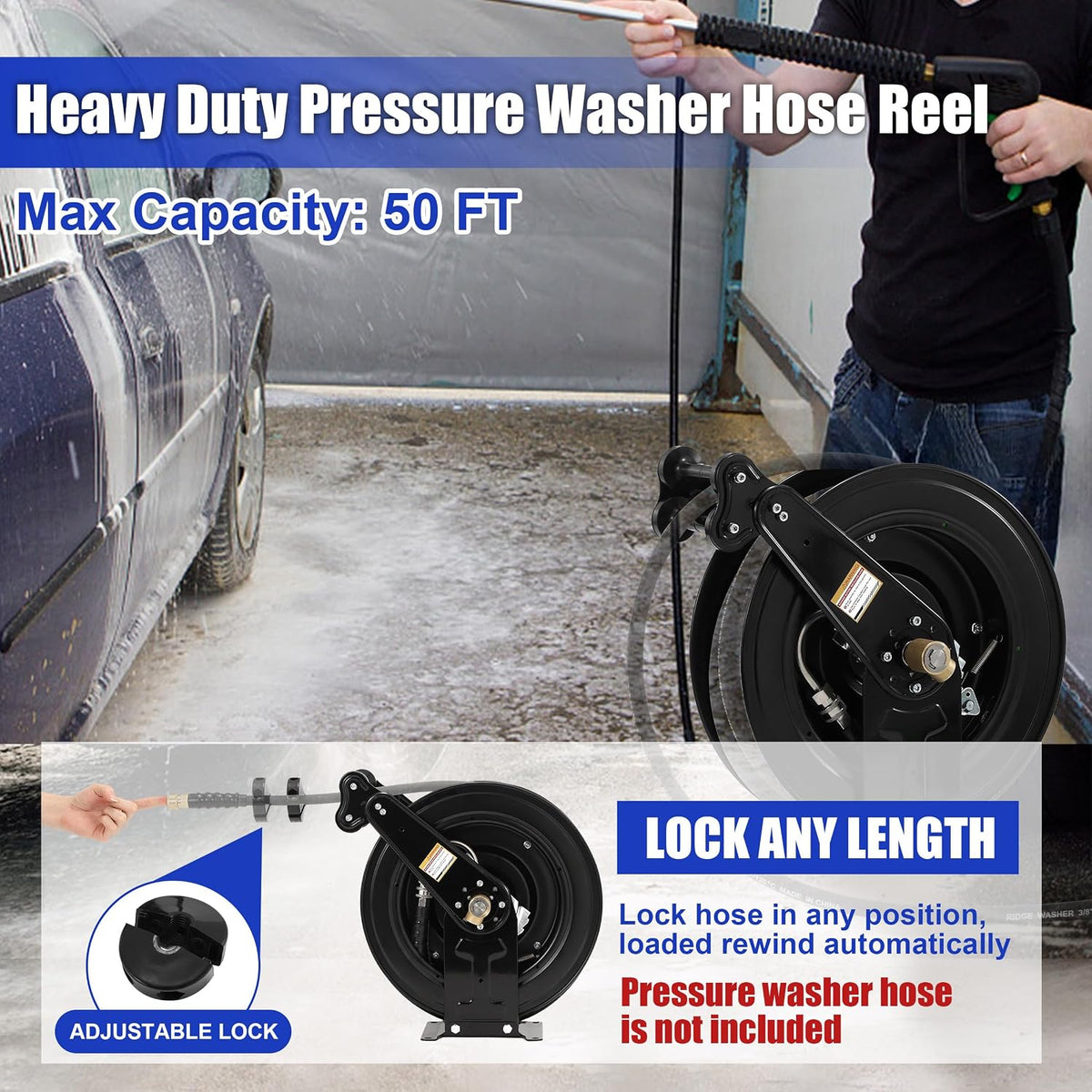 Pressure Washer Hose Reel with Hose 1/4"×100ft, Auto Rewind 3600PSI