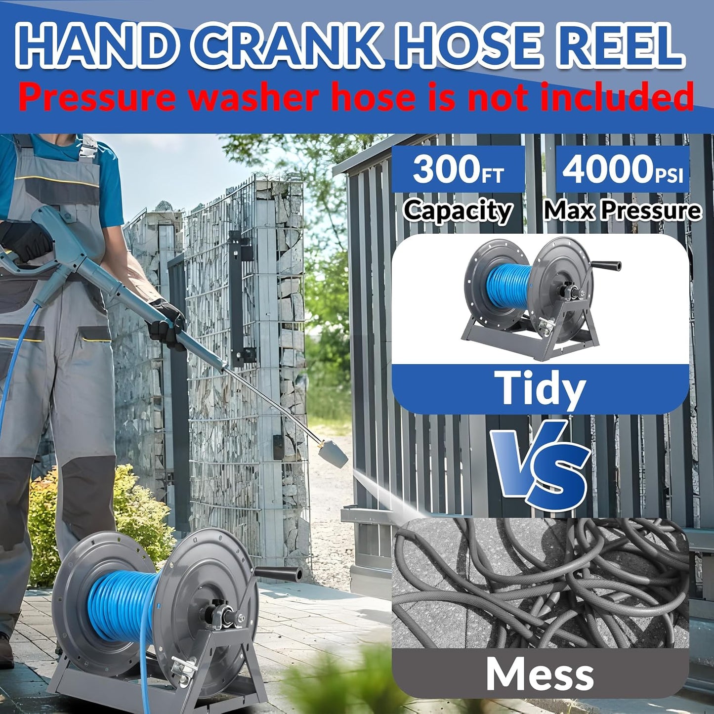 Pressure Washer Hose Reel with Hose 1/4"×100ft, Auto Rewind 3600PSI