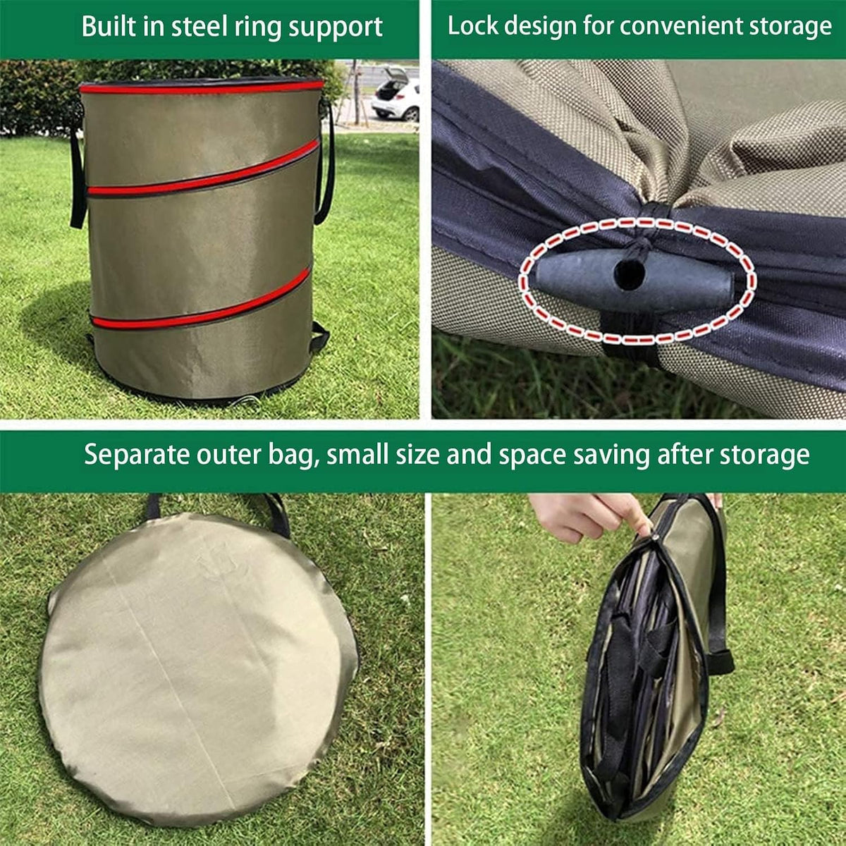 Collapsible Lawn and Leaf Waste Bag-Reusable Pop-Up Trash Can-Yard Debris-Garage Storage - Outdoor Tote Basket (10 Gallon Green Bag)