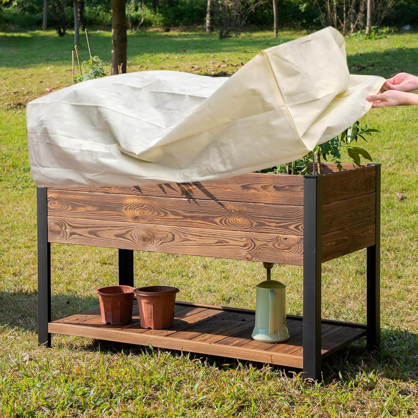 Plant Freeze Protection Cover,2Pack Rectangular Planter Frost Pot Cover,Frost Blankets with Drawstring for Garden Outdoor Balcony Windowsill and Raised Beds(3.2 * 1.6 * 1.6ft, Beige)