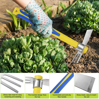 2 PCS Garden Hoe Tools, 15.7 Inches Stainless Steel Cultivator Hand Tiller and Hand Pick Axe with Fiberglass Handle, Pick Mattock Hoe for Digging/Weeding/Gardening/Planting