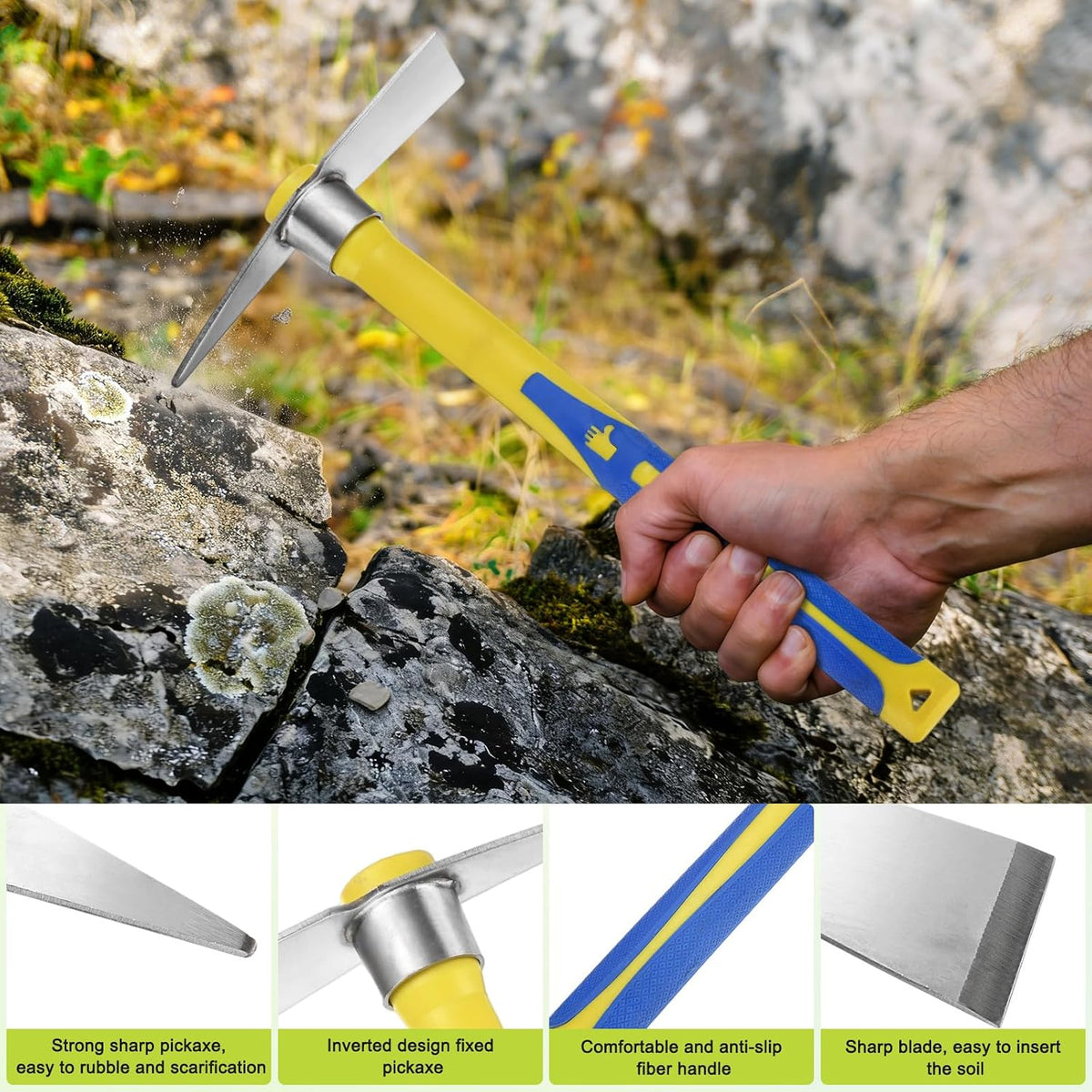 2 PCS Garden Hoe Tools, 15.7 Inches Stainless Steel Cultivator Hand Tiller and Hand Pick Axe with Fiberglass Handle, Pick Mattock Hoe for Digging/Weeding/Gardening/Planting