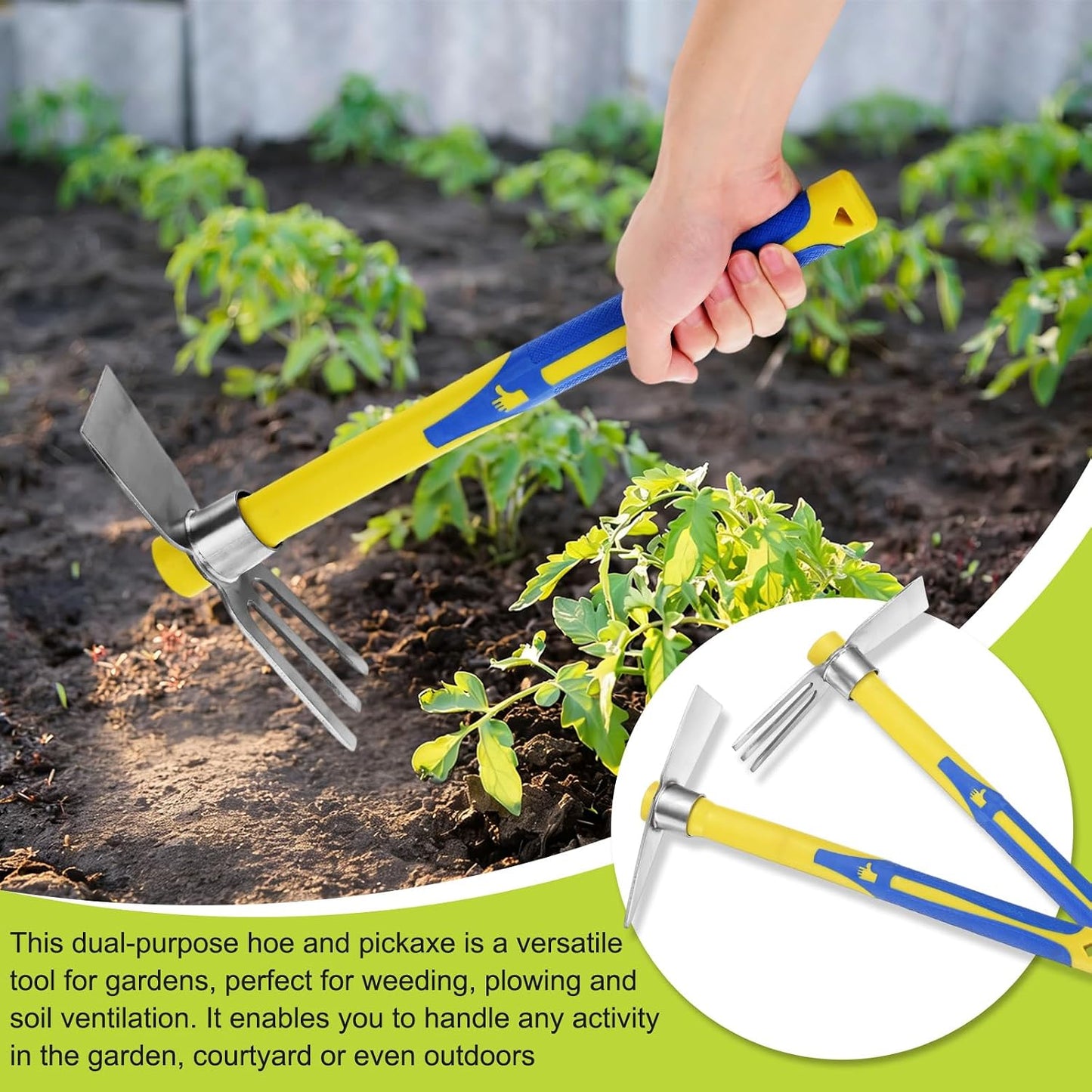 2 PCS Garden Hoe Tools, 15.7 Inches Stainless Steel Cultivator Hand Tiller and Hand Pick Axe with Fiberglass Handle, Pick Mattock Hoe for Digging/Weeding/Gardening/Planting