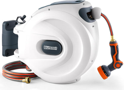 Blütezeit Retractable Garden Hose Reel, 1/2'' x 65ft Hose Reel Wall-Mount with 10-Function Spray Nozzle, Any Length Lock | 180° Swivel | Automatic Slow Rewind | Heavy Duty