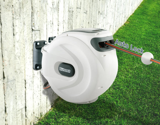 Blütezeit Retractable Garden Hose Reel, 1/2'' x 65ft Hose Reel Wall-Mount with 10-Function Spray Nozzle, Any Length Lock | 180° Swivel | Automatic Slow Rewind | Heavy Duty